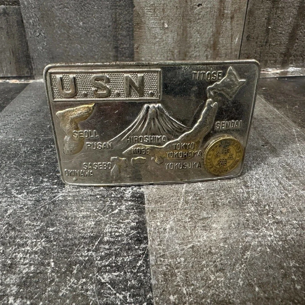 Vintage U.S.N. Belt‎ Buckle Japan, Korea United States Navy With Belt